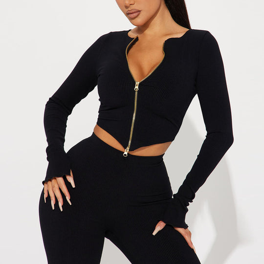 Long Sleeve Two Piece Set Autumn Winter Round Neck Zipper Cardigan Slim Trousers Suit Women