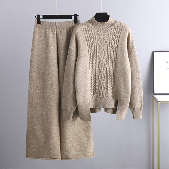 Autumn Winter Slimming Knitted Suit Women Thickened Loose Turtleneck Sweater Wide Leg Pants Two Piece Suit