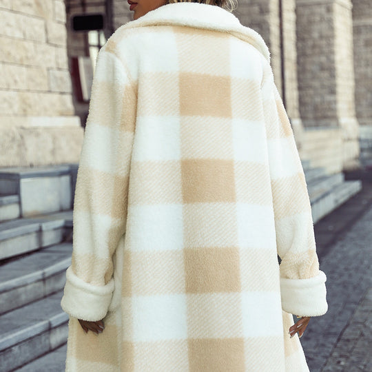 Winter Women Clothing Collar Long Sleeve Plaid Loose Long Plush Casual Jacket