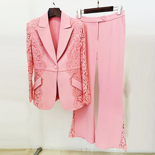 Stars Lace Slim Fit Patchwork One Button Suit Flared Pants Suit Two Piece Set