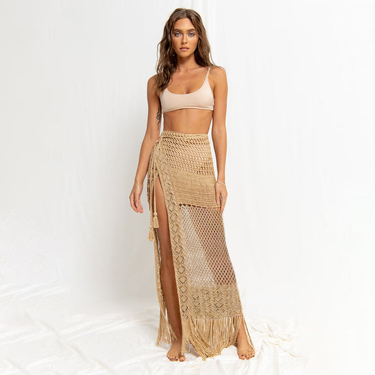 Summer Beach Skirt Women Solid Color Sexy Knitted Hollow Out Cutout Beach Bikini Outer Tassel Skirt