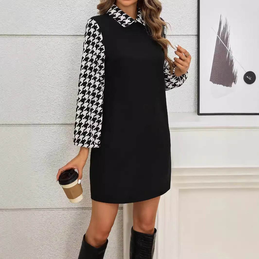 Women Autumn Elegant Graceful Office Houndstooth Patchwork Puff Sleeve Dress