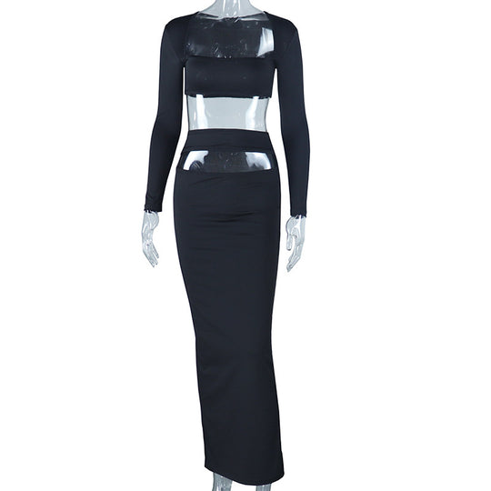 Women Solid Color Fashionable Elegant Top Long Sleeve Skirt Set Two Piece Set