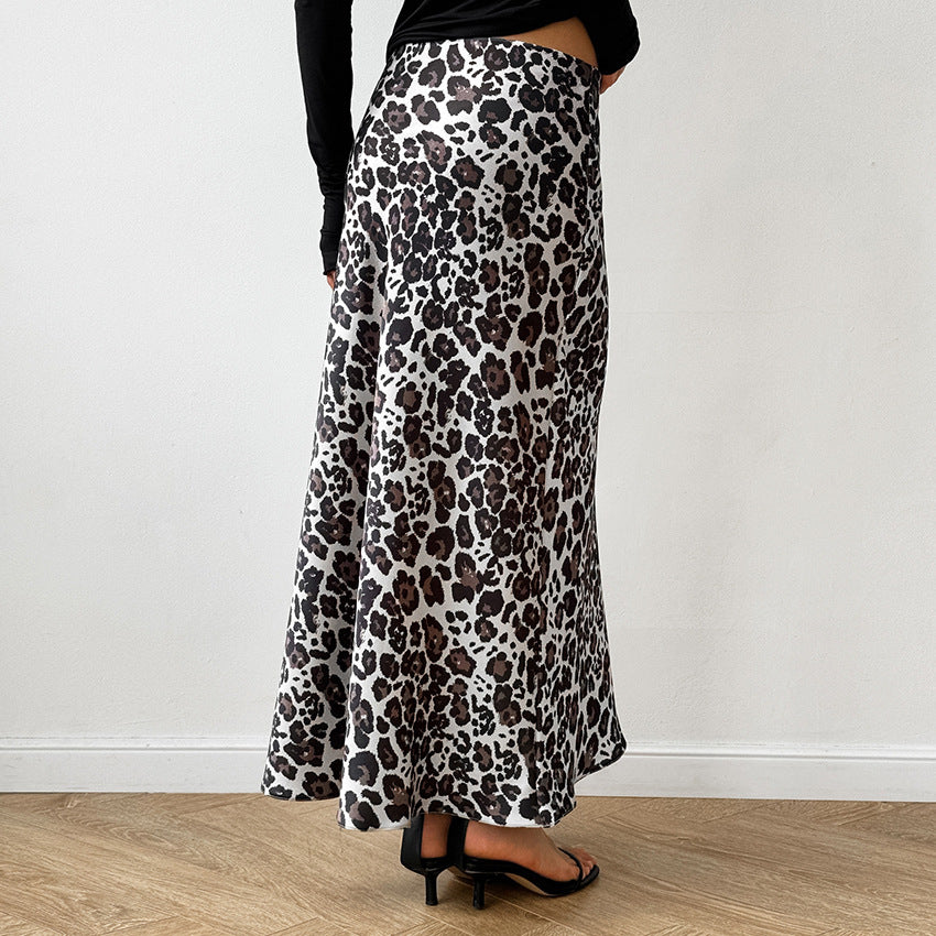 Leopard Print Satin A Swing Skirt Autumn Arrival All Match Long Skirt for Women