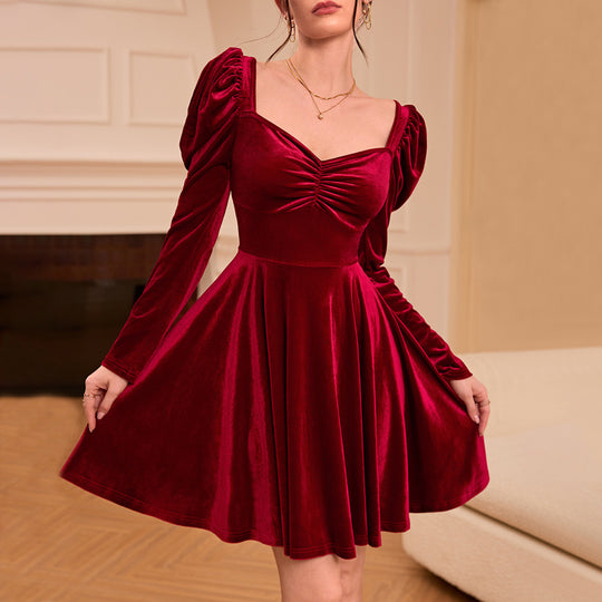 Women Clothing French Classic Wine Red Dress Autumn Winter High Waist Korean Velvet Midi Dress