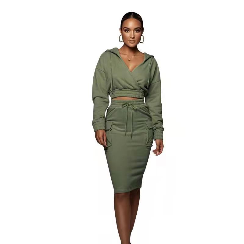 Autumn Winter Solid Color V-neck Hooded Hip Wrapped Mid Length Skirt Women Urban Casual Long Sleeve Sweatshirt Suit
