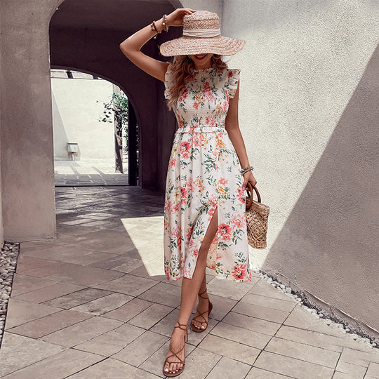 Summer Women Clothing Ruffled Sleeveless White with Printed Pattern Dress