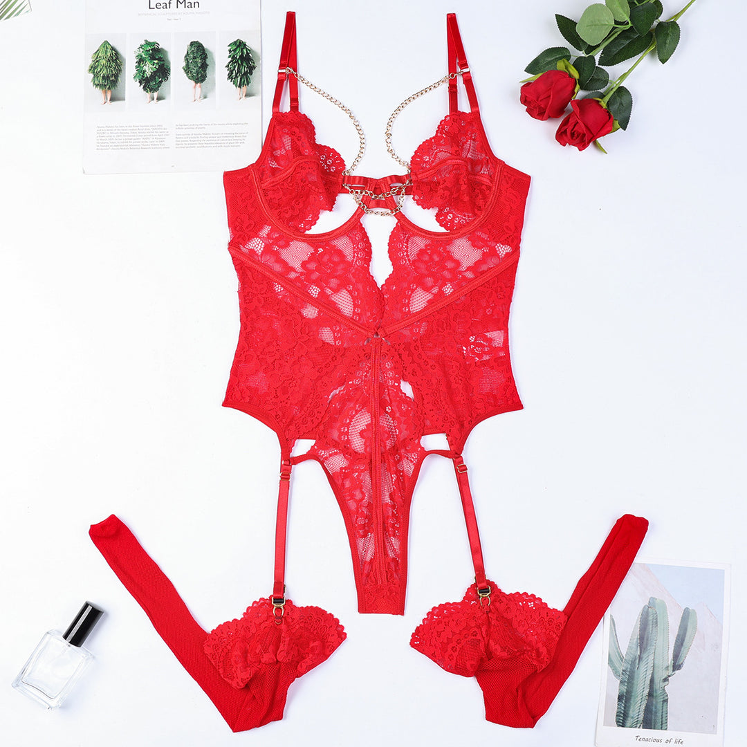 Red Lace Women Clothing Sexy Deep V Plunge Metal Chain Chest Hollow Out Cutout out Sexy Bustiers