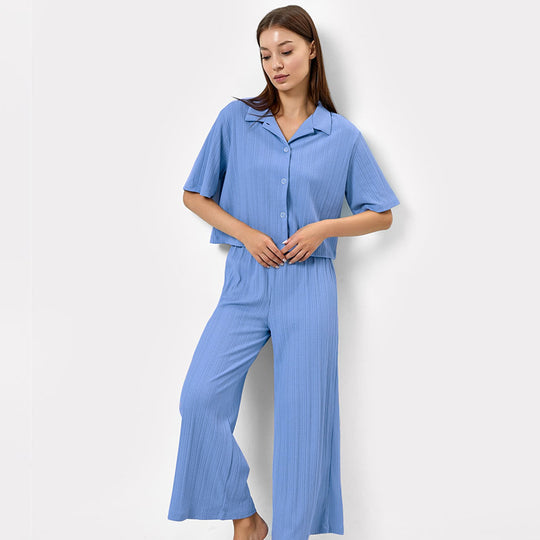 Blue Simple Five Quarter Sleeve Trousers Women Pajama Home Wear Two Piece Set Autumn