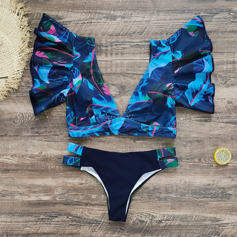 Sexy Brazilian Bikini Pleated Split Swimsuit Women Printed Ruffled