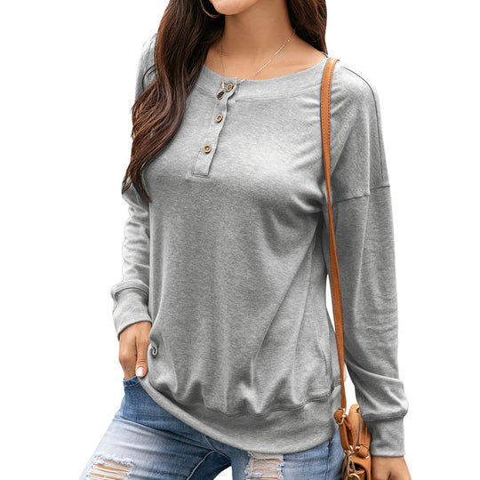 Autumn Winter round Neck Button Long Sleeve T shirt Casual Sweatshirt Loose Top for Women