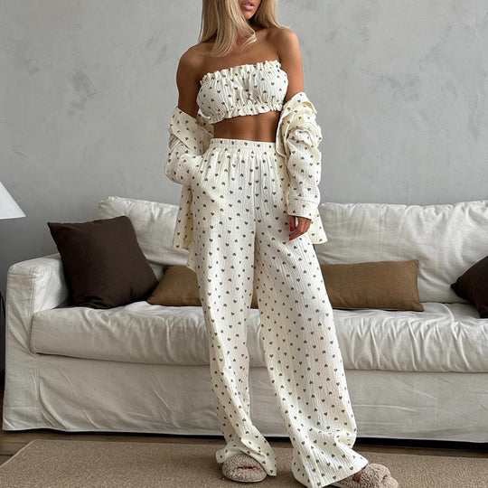 Summer Heart Printing Three Piece Set Cotton Pajamas Women Jacket Tube Top Trousers Home Wear