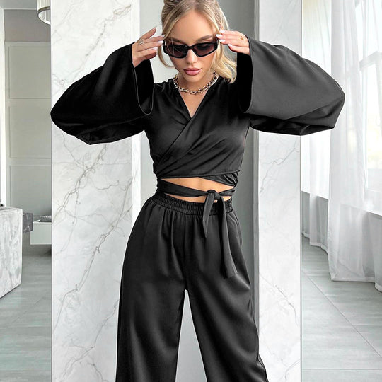 Summer Wind Cool Ice Silk Design Lace up Cardigan Long Sleeve Pants Two Piece Set Ladies Homewear