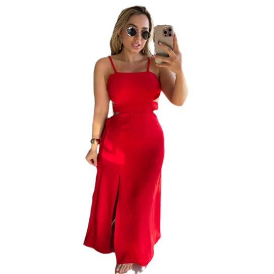 Women Solid Color Sleeveless Split Hip Strap Backless Dress