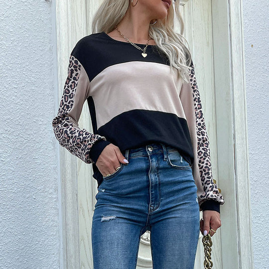 Autumn Loose Casual Top Leopard Print Stitching Long Sleeve T Women Sweatshirt