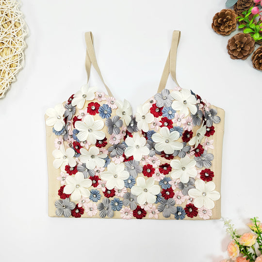 Three-Dimensional Floral Beaded Spaghetti Straps Outerwear Niche Boning Corset Boning Corset Tube Top Seaside Vacation Fairy Vest Women Summer