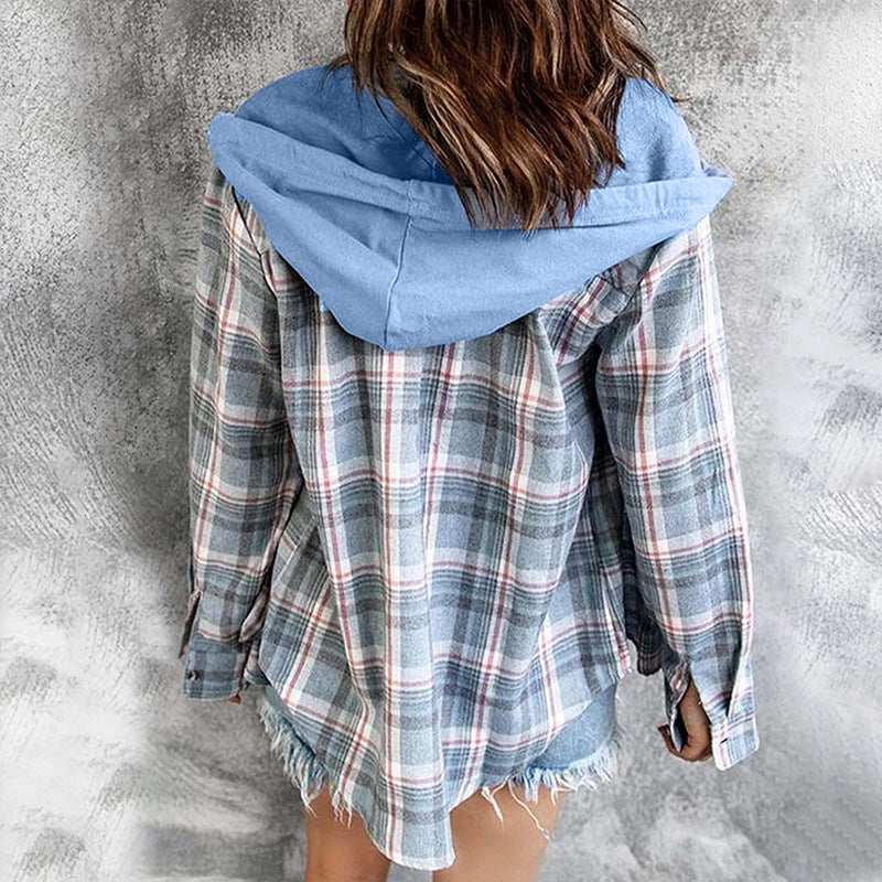 Autumn Winter Women Clothing Hooded Single-Breasted Plaid Women Shacket Jacket