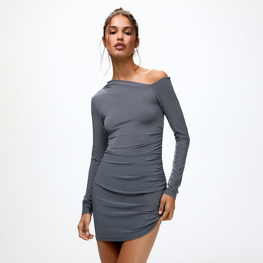 Sexy Oblique Off Shoulder Slim Fit Figure Flattering Waist Controlled Long Sleeves Solid Color Dress Women Summer