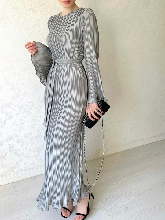 Autumn Women Clothing Maxi Dress Pleated Bell Sleeve Mid Length Dress