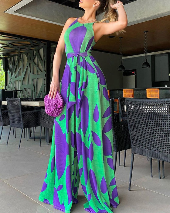 Spring Office Cotton Sleeveless Maxi  Large Picture Strap Type Printed Purple High Waist Wrap Jumpsuits