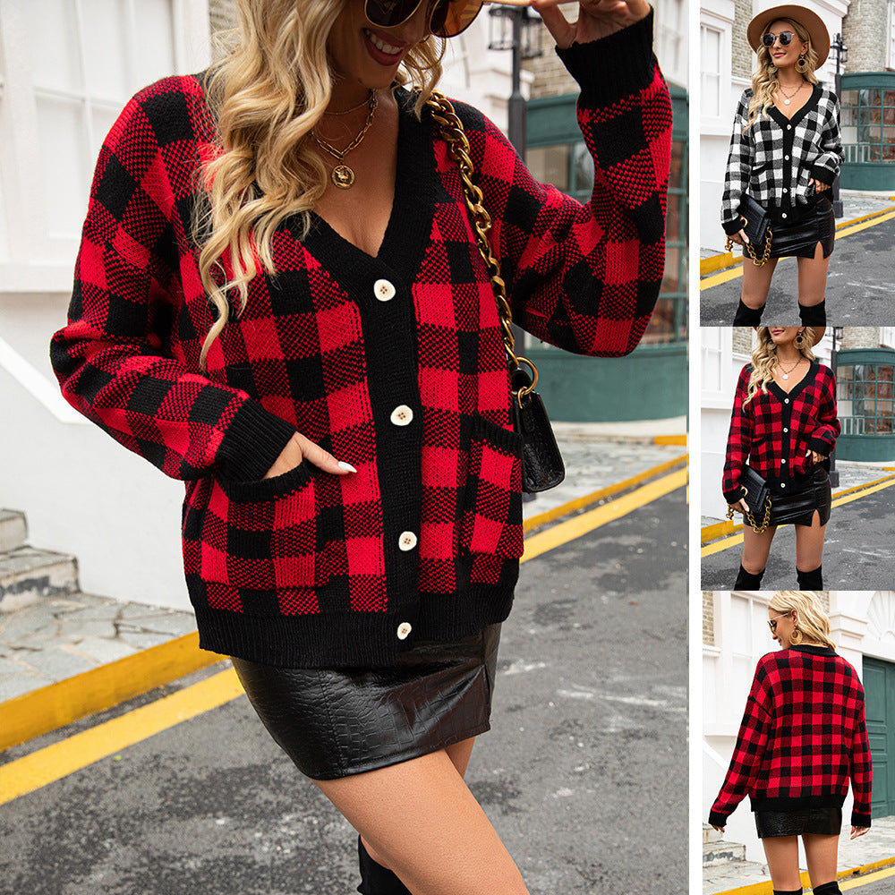 Fashionable Sweater Plaid Black Street Hipster Single-Breasted Cardigan European American Slim Fit Sweater Coat