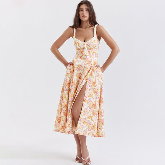 Summer Women Clothing Floral Slip Dress Sexy Backless Slit Mid Length Vacation Dress for Women