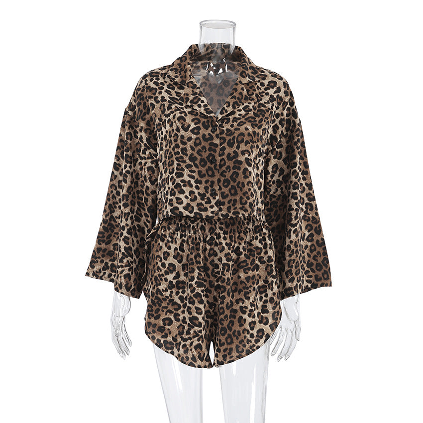 Summer Loose Leopard Print Cropped Long Sleeve Shorts Two Piece Polyester Pajamas Women Home Breathable Cardigan