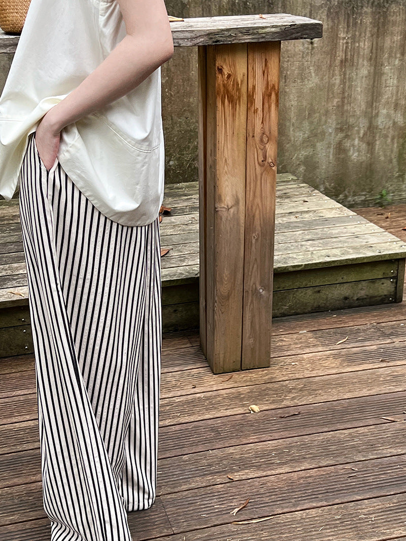 Drooping Loose Feeling Striped Wide Leg Pants Women Elastic Waist Casual Pants Minimalist All Match Lazy Pants