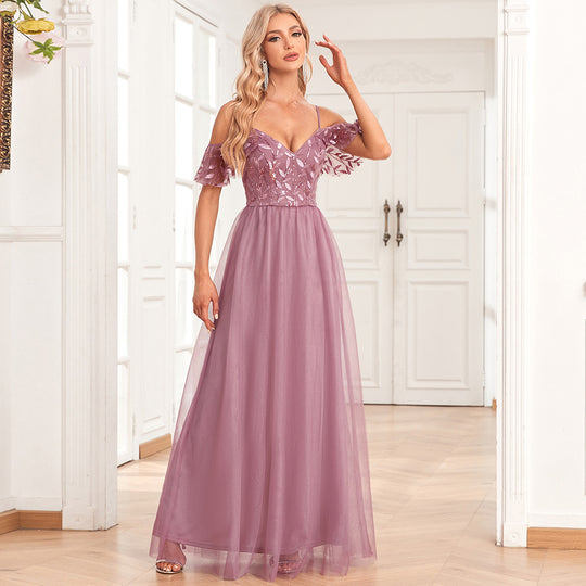 Women Elegant Off The Shoulder Strap Sleeve Double V Neck Tulle Stitching Embroidered Sequ A Swing Long Party Evening Dress