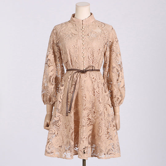 French Vintage Summer round Neck Refined Handmade Lace Hollow Out Cutout out Tied Long Sleeve Solid Color Women Dress