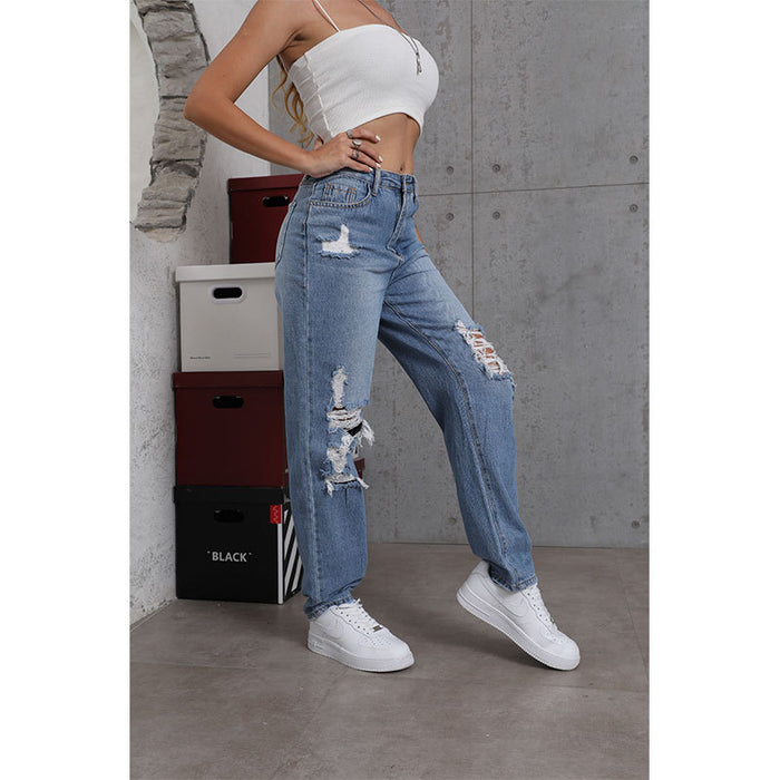 Spring Women Jeans Street Straight Leg Pants Ripped Slimming Trousers