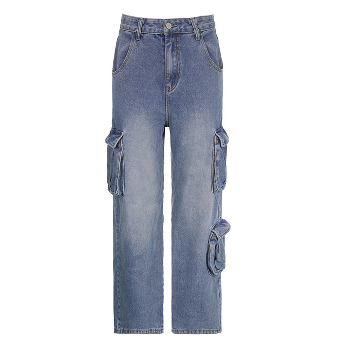 Tooling Street Casual Multi Pocket High Waist Jeans Washed Distressed Loose Straight Slim Fit Mop Pants Trousers