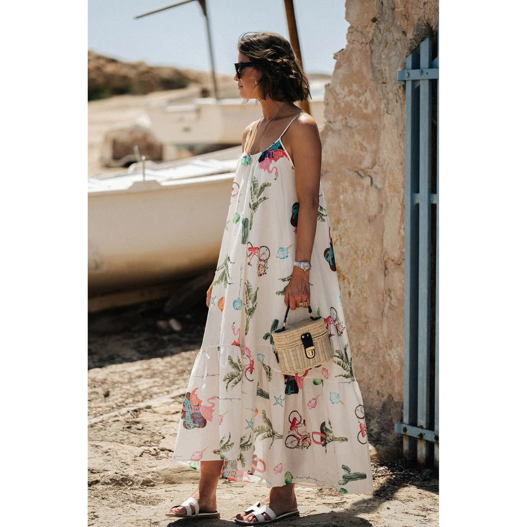 Spring Summer Layered Spaghetti Strap Floral Print Dress Casual Loose Vacation Dress