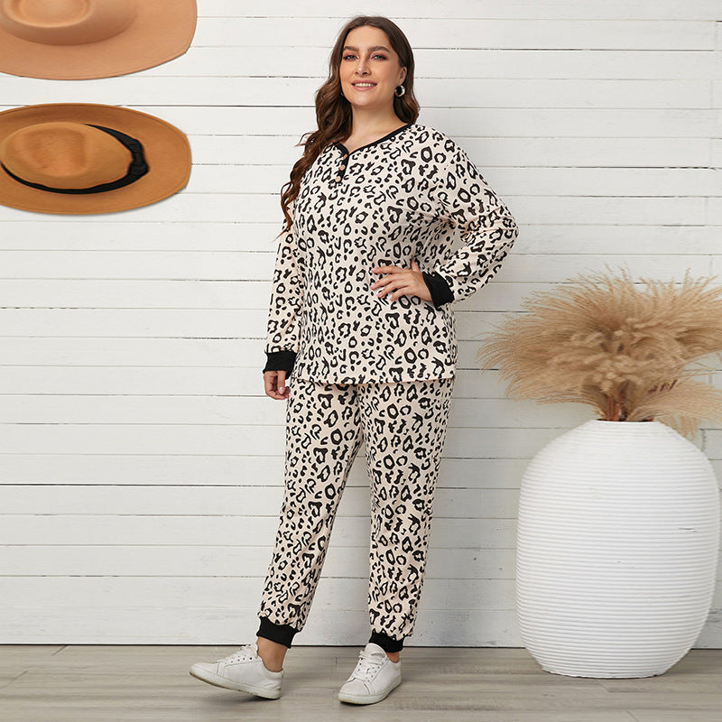 Plus Size Homewear Suit Spring Autumn Leopard Print Long Sleeve round Neck Pullover Loose Pajamas Women