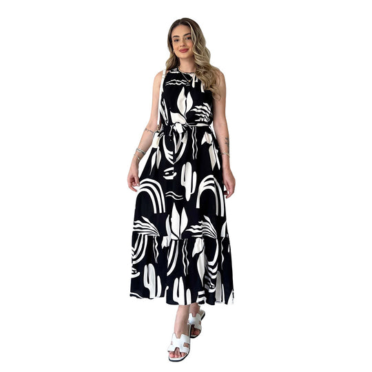 Women Wear Irregular Asymmetric Pattern Print Sleeveless High Waist Slim Tether Dress