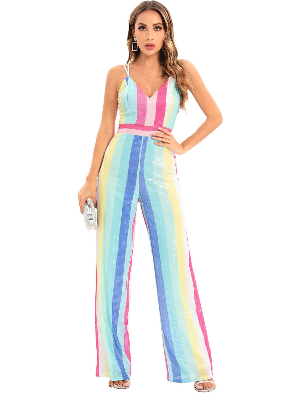 Trousers Sexy Retro Suspender Stripes Sequined Jumpsuit Women Clothing