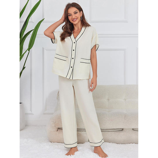 Pajamas Women Spring Summer Bubble Crepe Thin Short Sleeved Trousers Home Wear Set