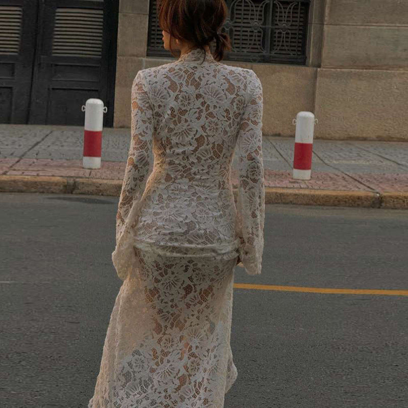 Autumn Winter Women Clothing Sexy Lace Cutout Deep V Plunge neck Lace up Slit Slim Fitting Long Sleeve Dress