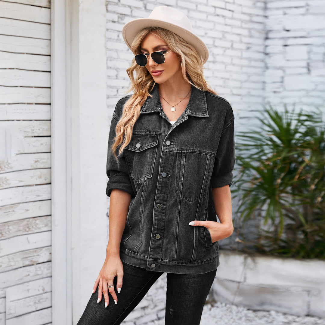 Women Clothing Washed Loose Denim Jacket Mid Length Jacket