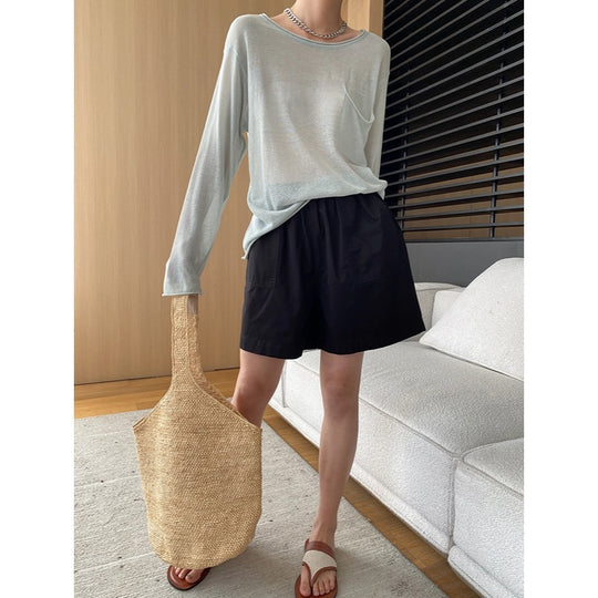 Fashionable Double Pocket Washed Cotton Office Elastic Waist Loose Straight Casual Shorts