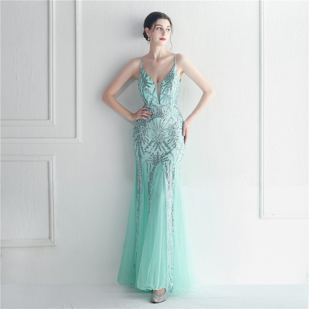 Popular Mesh Beads Sequined Dress Long Evening Dress Star Event Exhibition Stage