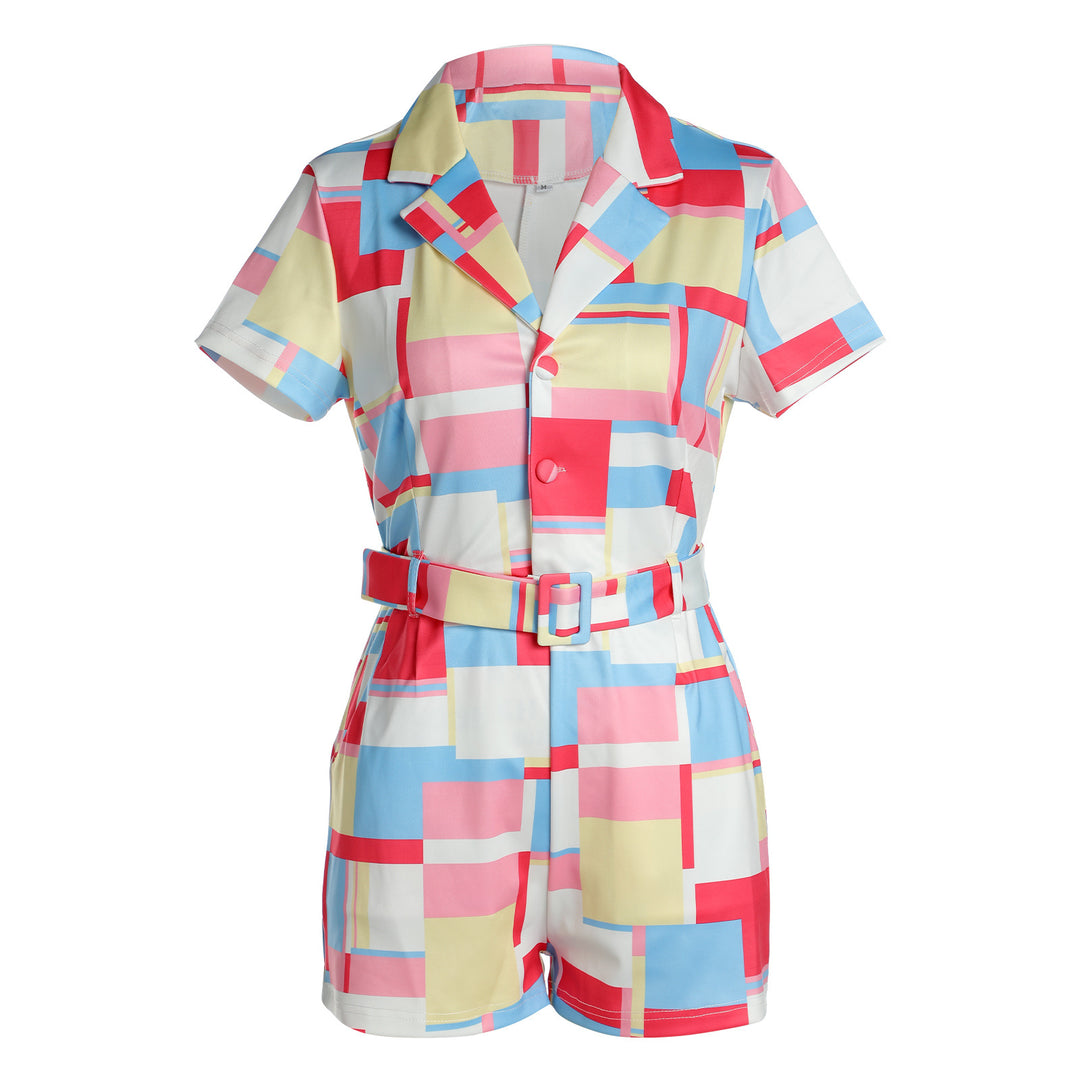 Women Small Set Collared Plaid Printed Contrast Color Romper