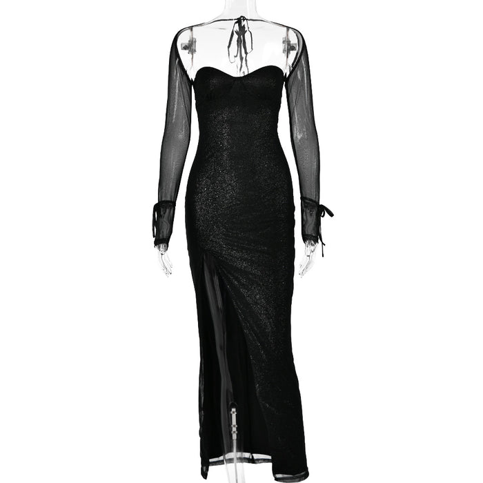 Autumn Tube Top Long Sleeved Dress for Women Fashionable Elegant  Sexy Backless Slit Maxi Dress