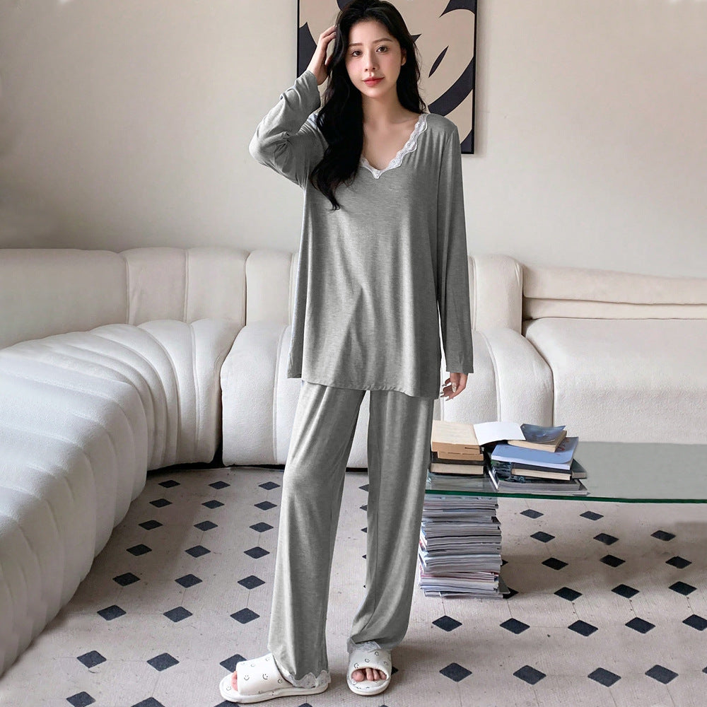 Simple Casual Homewear Autumn Winter Loose Comfortable Long Sleeve Pajamas Two Piece Set