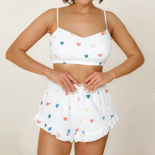 Summer Thin Cotton Pajamas Women Colored Loving Heart Printed Spaghetti Strap Ruffle Shorts Two Piece Set Comfortable