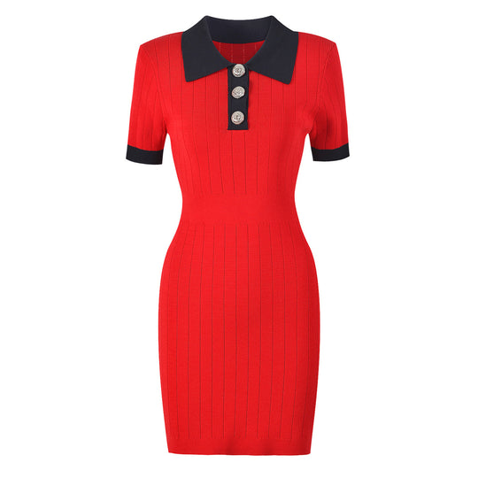 High Quality Knitted Material Collared Slim Slimming Short Sleeve Dress