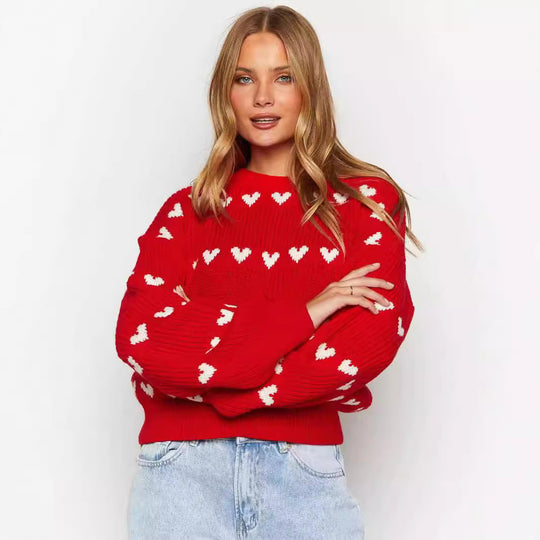 Autumn Winter Sweet Cute Love Heart Two Color Jacquard Contrast Color round Neck Long Sleeve Sweater Pullover