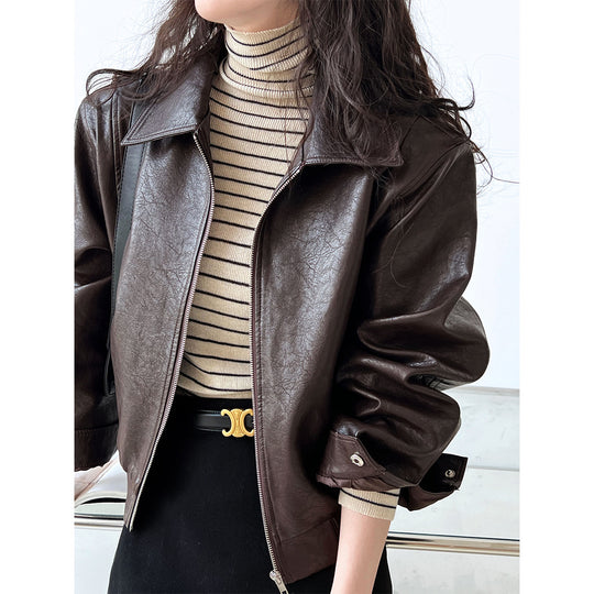 Retro Brown Leather Coat Women Autumn Faux Leather Collared Motorcycle Jacket