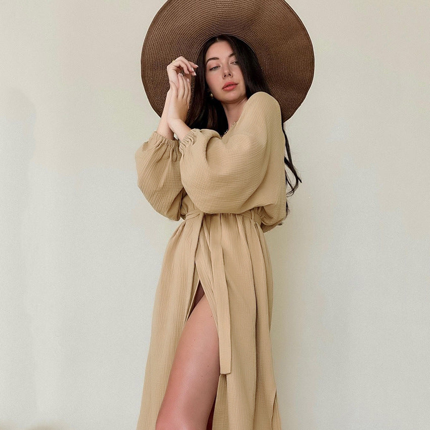 French Comfort Casual Double Layer Crepe Pajamas Cotton Puff Sleeve Stomach Blanket Skirt Women Confinement Clothing Can Be Outerwear Homewear