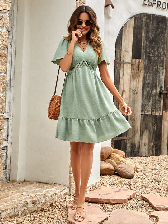Casual Spring Summer Women Fresh V neck Solid Color Ruffle Sleeve Dress Women